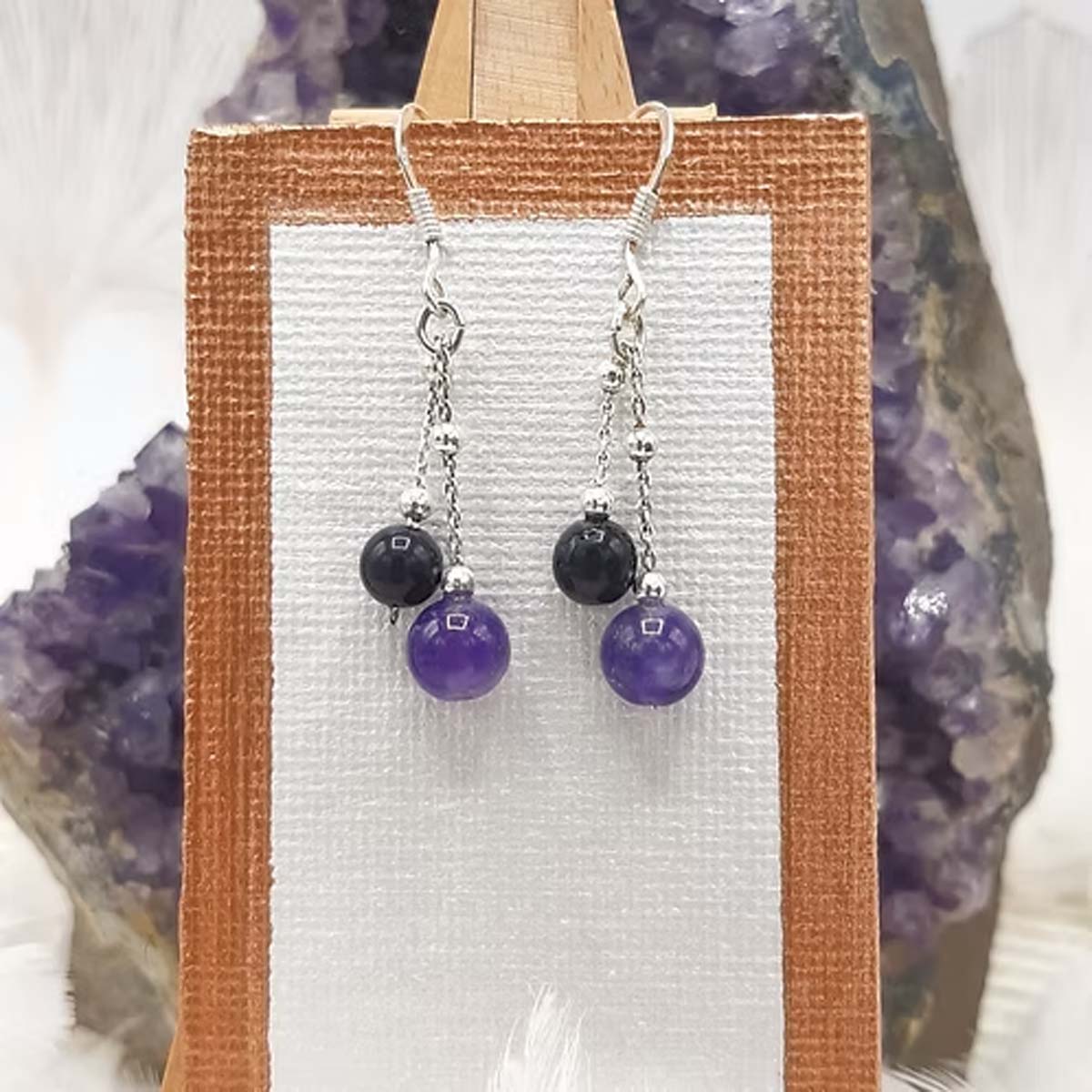 Paires de boucles d'oreilles en argent Améthyste et Obsidienne œil céleste