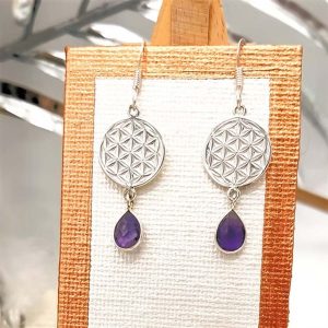 Paires de boucles d'oreilles en argent Améthyste et Fleur de vie