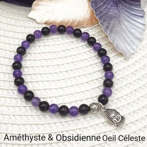 Bracelet en perles naturelles Améthyste, Obsidienne œil céleste et Bouddha