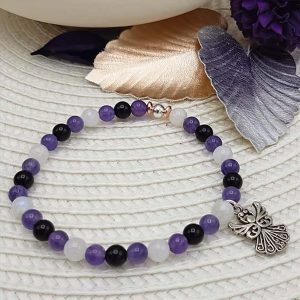 Bracelet en perles naturelles Améthyste, Pierre de lune, Obsidienne œil céleste et Ange