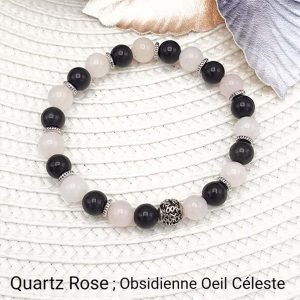 Bracelet en perles naturelles Quartz rose et Obsidienne œil céleste