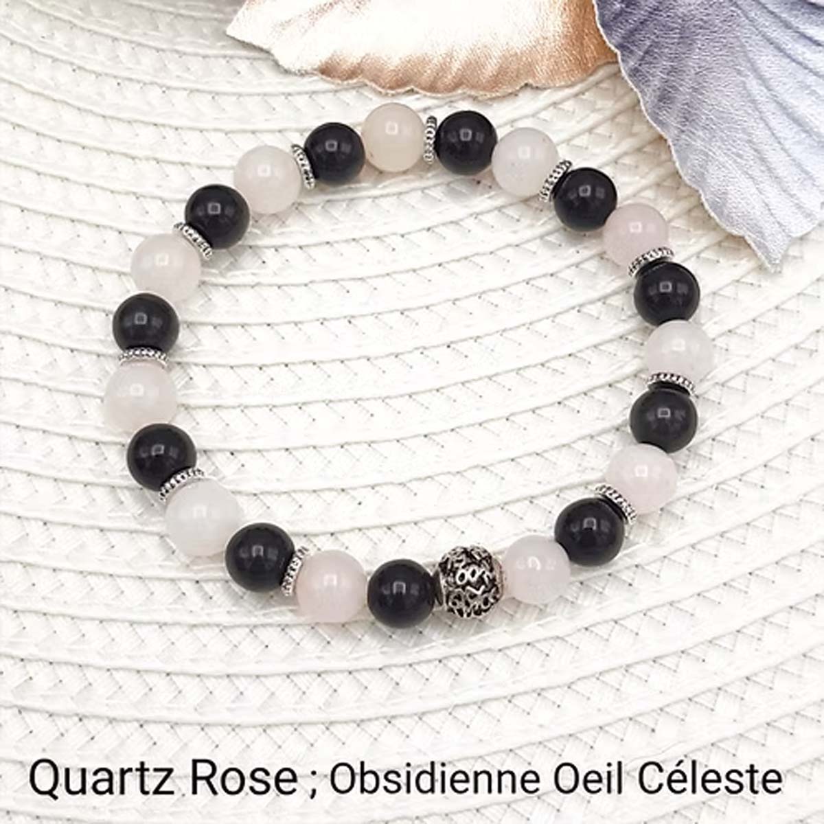 Bracelet en perles naturelles Quartz rose et Obsidienne œil céleste