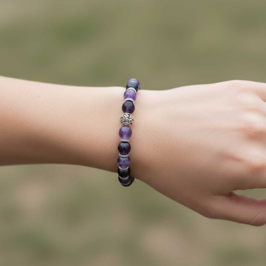 Bracelet Perles Améthyste & Obsidienne Œil Céleste – Image 2